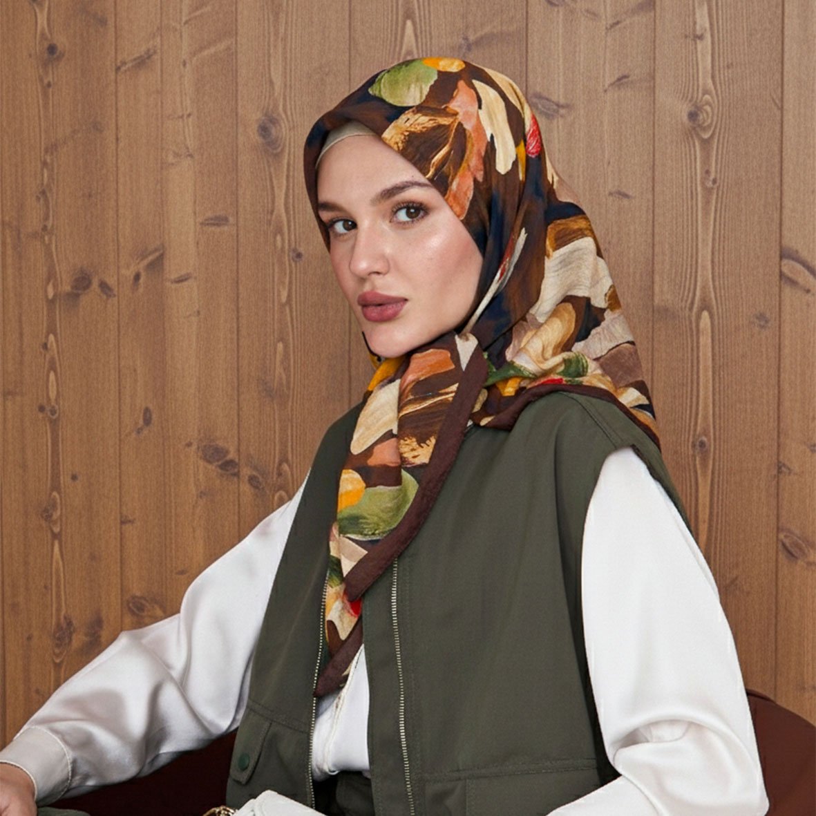 6117 - Naturel Desenli Eşarp